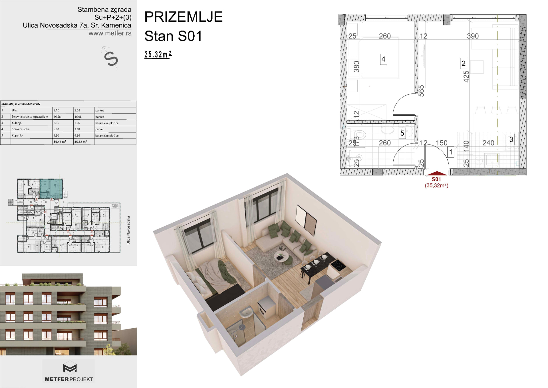 Apartment S01 35.32 sqm ground floor Sremska Kamenica Novi Sad floor plan