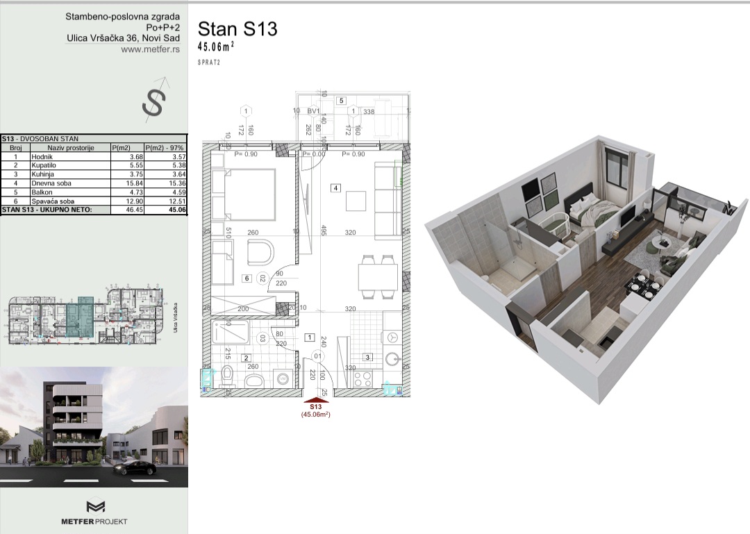 Apartment S13 45.06 sqm second floor Vršacka 36 Novi Sad floor plan and 3D visualization