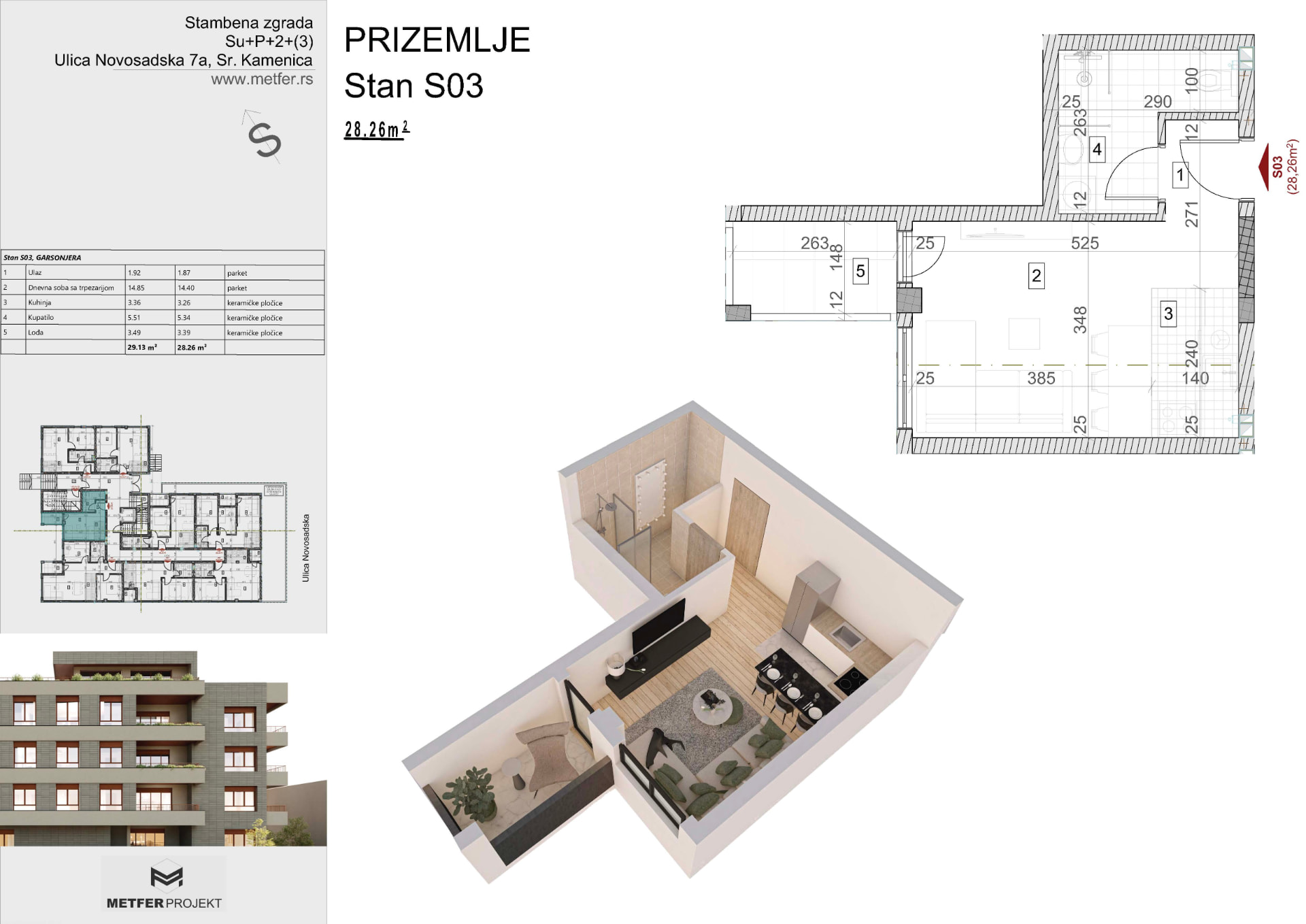 Studio Apartment S03 28.26 sqm ground floor Sremska Kamenica Novi Sad floor plan