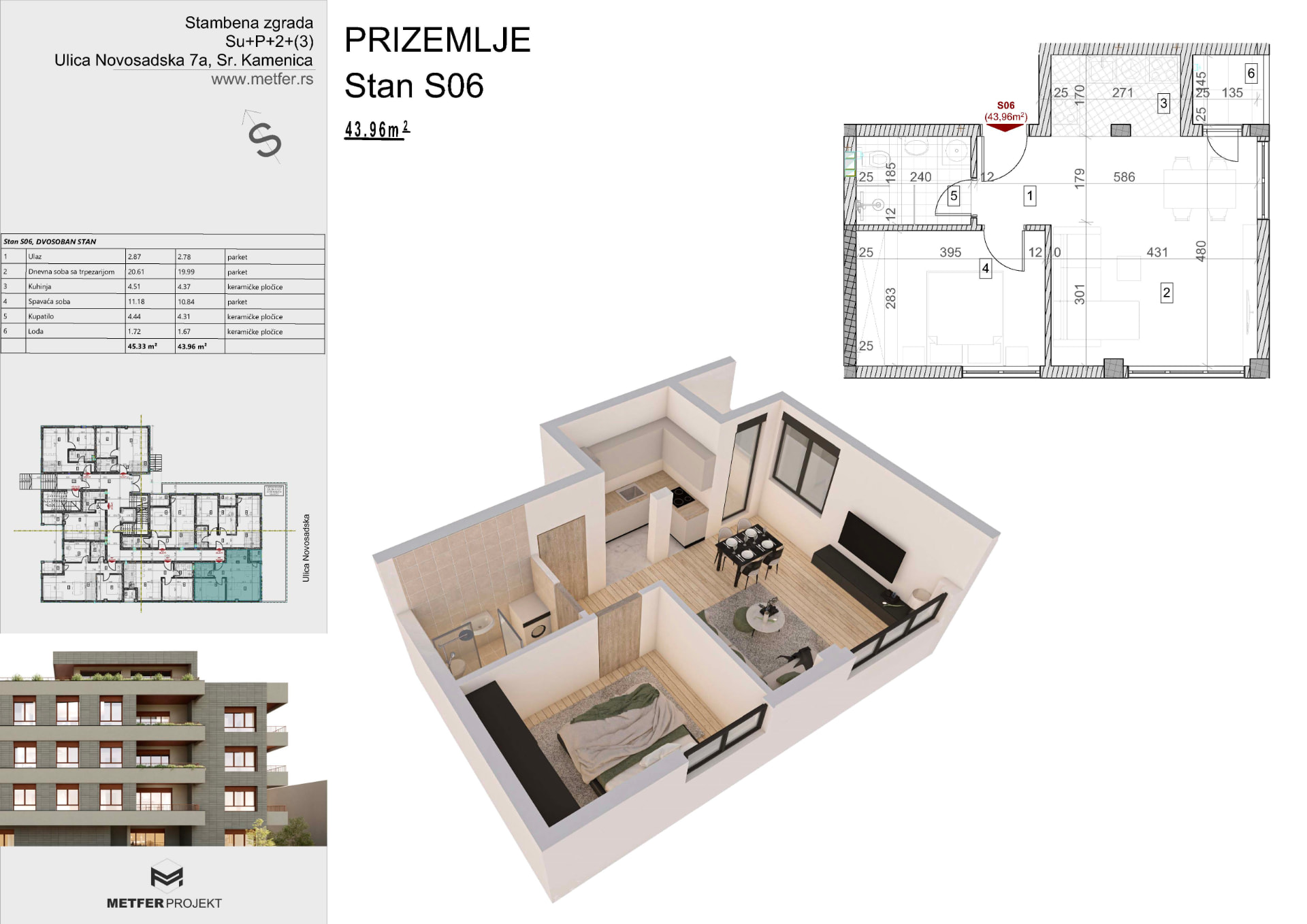 Apartment S06 43.96 sqm ground floor Sremska Kamenica Novi Sad floor plan