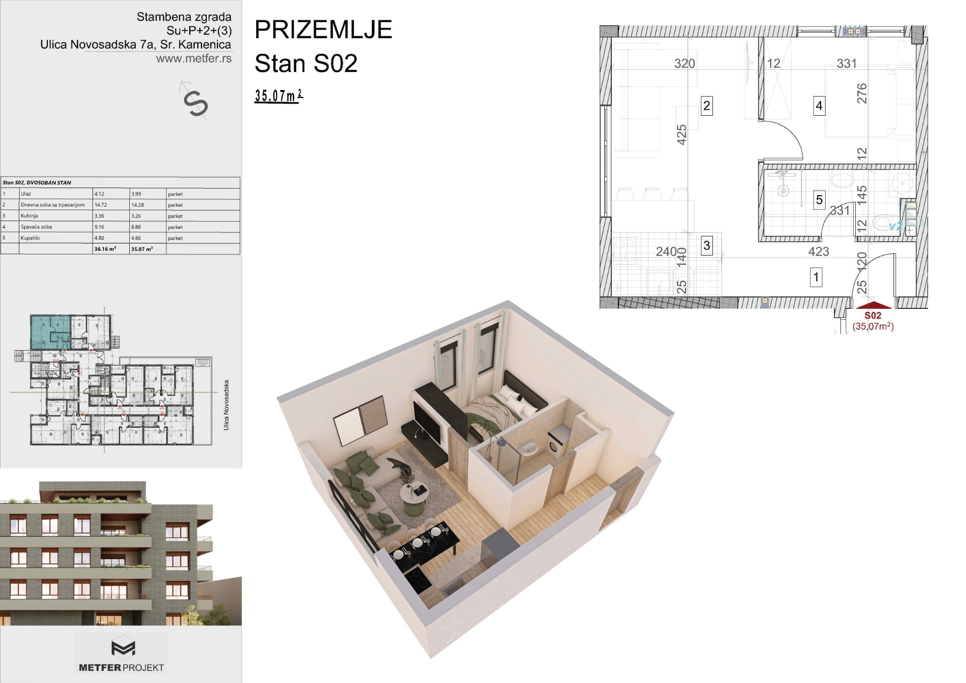 Apartment S02 35.07 sqm ground floor Sremska Kamenica Novi Sad floor plan