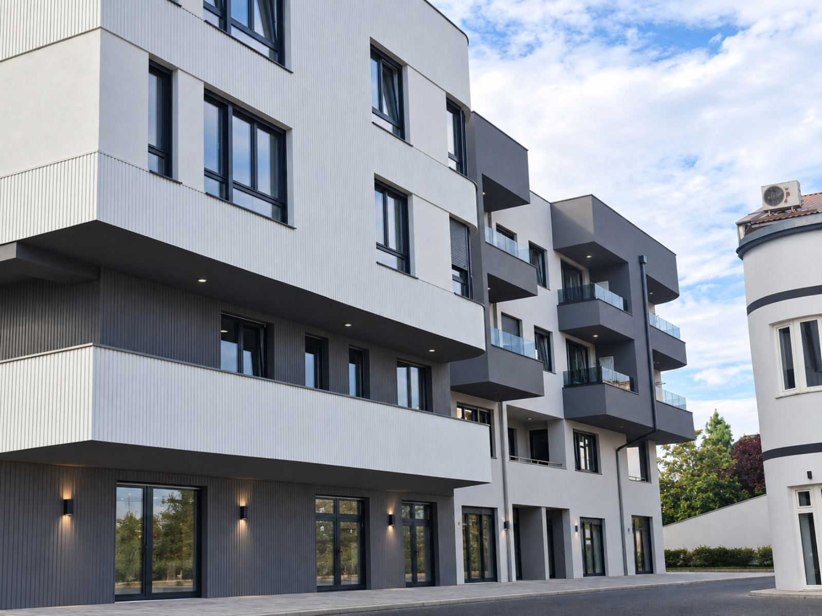 Vršačka 36 residential development in Novi Sad with light and charcoal façade panels and glass-railed balconies
